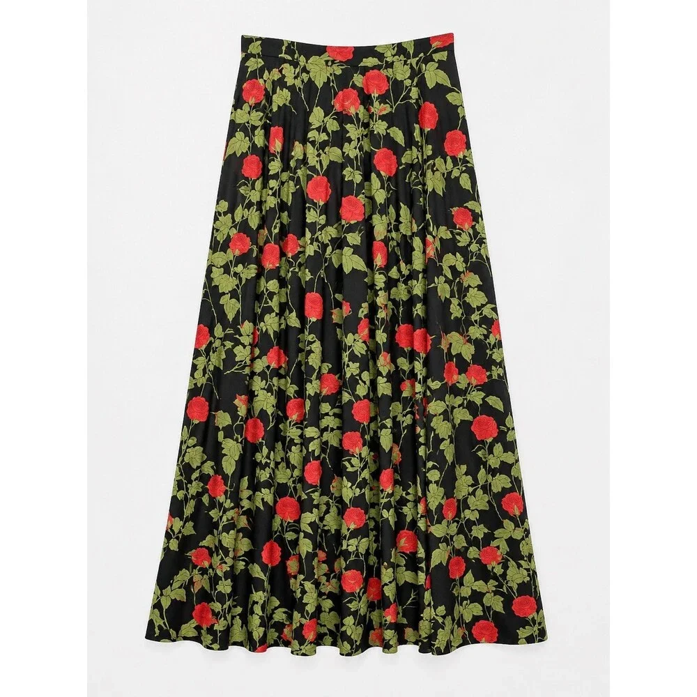 BERNADETTE Antwerp Kennedy Climbing Roses Floral Maxi Skirt Black Red Small 36